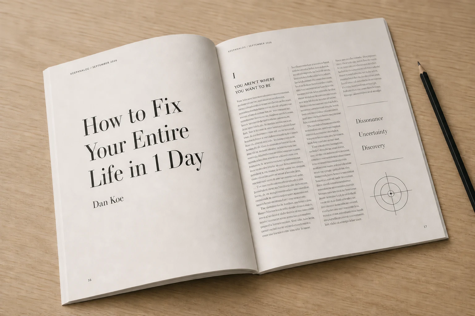 Una edición abierta muestra el artículo How to Fix Your Entire Life in 1 Day, de Dan Koe.